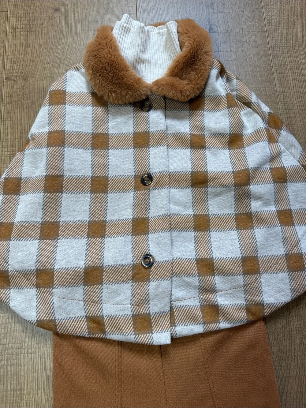 Plaid Cape with Faux Fur Collar, Rust Leggings Set, Tuttle neck shirt, & headban
